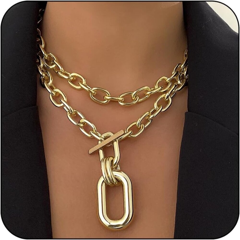 🆕 Women Gold Toggle Clasp Necklace Chunky Punk Layered Choker Simple Jewelry